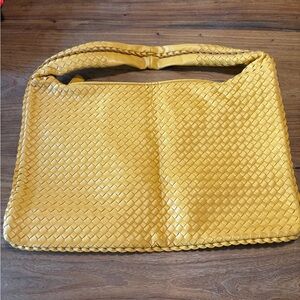 Genuine Leather Woven Shoulder Bag in Mustard Yellow